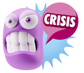 3d Illustration Angry Face Emoticon saying Crisis with Colorful