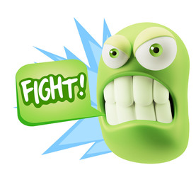 3d Illustration Angry Face Emoticon saying Fight with Colorful S