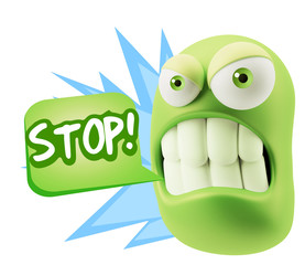 3d Illustration Angry Face Emoticon saying Stop with Colorful Sp