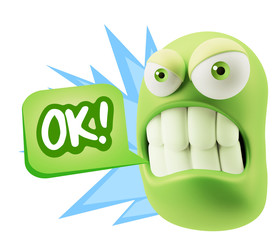 3d Illustration Angry Face Emoticon saying OK with Colorful Spee