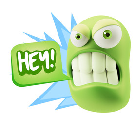 3d Illustration Angry Face Emoticon saying Hey with Colorful Spe