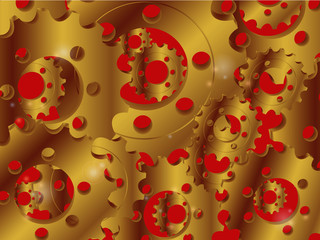 Gold metal cogs over red background
