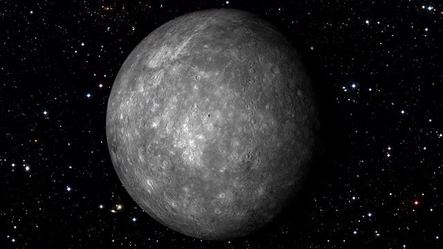 Mercury Rotating, The Mercury Spinning, Full Rotation, Seamless Loop - Realistic Planet Turning 360 Degrees on Moving Star Backgrund