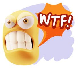 3d Illustration Angry Face Emoticon saying WTF with Colorful Spe
