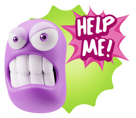 3d Illustration Angry Face Emoticon saying Help me with Colorful