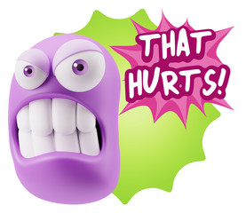 3d Illustration Angry Face Emoticon saying That Hurts with Color