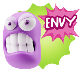 3d Illustration Angry Face Emoticon saying Envy with Colorful Sp
