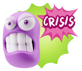 3d Illustration Angry Face Emoticon saying Crisis with Colorful