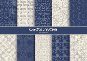 Set in an arabian style patterns. Seamless ethnic tracery. Geometric ornament in blue tones. Stylized arabesques decorating. Vector illustration.
