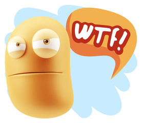3d Illustration Angry Face Emoticon saying WTF with Colorful Spe