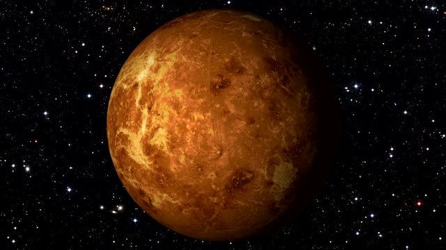 Venus Rotating, The Venus Spinning, Full Rotation, Seamless Loop - Realistic Planet Turning 360 Degrees on Moving Star Background