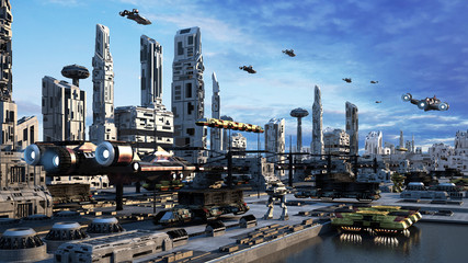 3D Scifi Cityscape transport airship from the future © rainmind