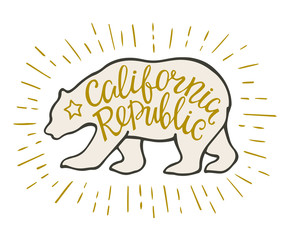 Emblem of the California Republic with bear and hand lettering script.