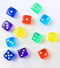 group of colored plastic dice