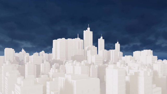 Abstract white cityscape looking as architectural scale model. Downtown city skyline skyscrapers silhouetted against dark blue time lapse sky background. Simple 3D animation rendered in 4K