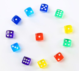 group of colored plastic dice