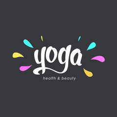 Yoga club logo concept and hand drawn lettering. Meditation logo. Calligraphy yoga phrase isolated on black background.