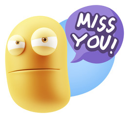 3d Illustration Angry Face Emoticon saying Miss You with Colorfu