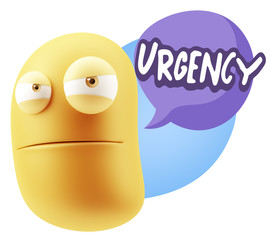 3d Illustration Angry Face Emoticon saying Urgency with Colorful