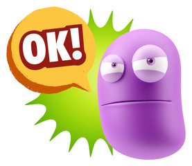 3d Illustration Angry Face Emoticon saying OK with Colorful Spee