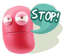 3d Illustration Angry Face Emoticon saying Stop with Colorful Sp