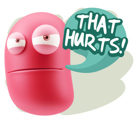 3d Illustration Angry Face Emoticon saying That Hurts with Color