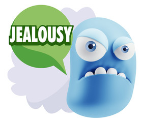 3d Illustration Angry Face Emoticon saying Jealousy with Colorfu