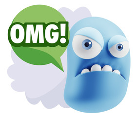 3d Illustration Angry Face Emoticon saying OMG with Colorful Spe