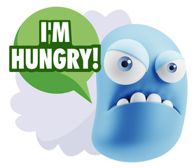3d Illustration Angry Face Emoticon saying I'm Hungry with Color