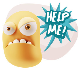 3d Illustration Angry Face Emoticon saying Help me with Colorful