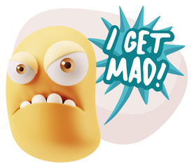 3d Illustration Angry Face Emoticon saying I Get Mad with Colorf