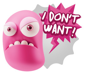 3d Illustration Angry Face Emoticon saying I Don't Want with Col