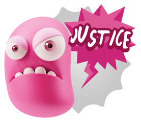 3d Illustration Angry Face Emoticon saying Justice with Colorful