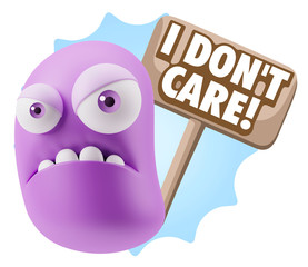 3d Illustration Angry Face Emoticon saying I Don't Care with Col