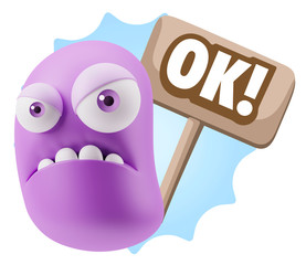 3d Illustration Angry Face Emoticon saying OK with Colorful Spee