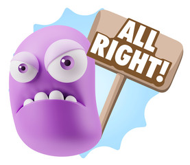 3d Illustration Angry Face Emoticon saying All Right with Colorf