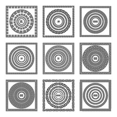 Greek traditional meander border set. Vector antique frame pack. Decoration element patterns in black and white colors. Ethnic collections. Vector illustrations.