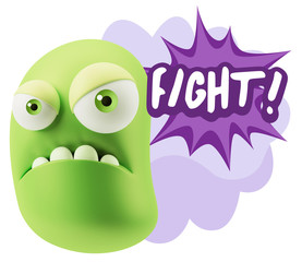 3d Illustration Angry Face Emoticon saying Fight with Colorful S