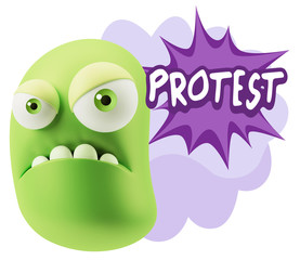 3d Illustration Angry Face Emoticon saying Protest with Colorful