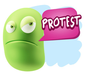 3d Illustration Angry Face Emoticon saying Protest with Colorful