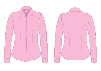 Women's dress shirt with long sleeves template, front and back view