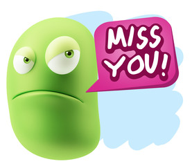 3d Illustration Angry Face Emoticon saying Miss You with Colorfu