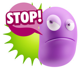 3d Illustration Angry Face Emoticon saying Stop with Colorful Sp