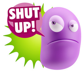 3d Illustration Angry Face Emoticon saying Shut Up with Colorful