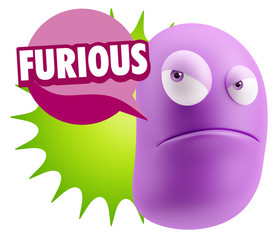 3d Illustration Angry Face Emoticon saying Furious with Colorful