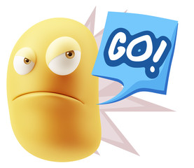 3d Illustration Angry Face Emoticon saying Go with Colorful Spee