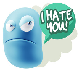 3d Illustration Angry Face Emoticon saying I Hate you with Color