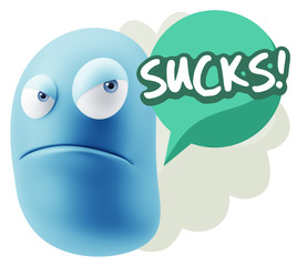 3d Illustration Angry Face Emoticon saying Sucks with Colorful S