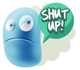 3d Illustration Angry Face Emoticon saying Shut Up with Colorful