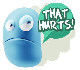 3d Illustration Angry Face Emoticon saying That Hurts with Color